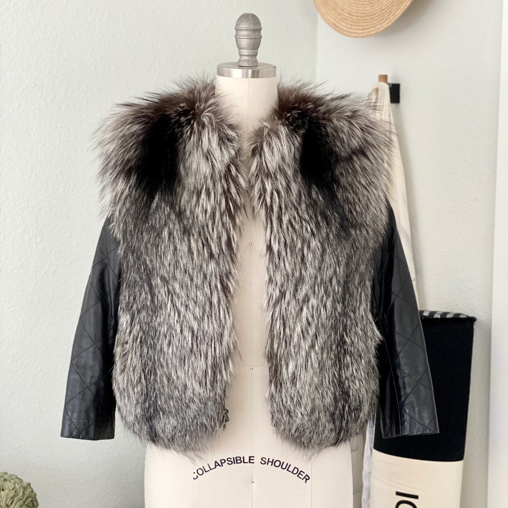 Real Silver Fox Fur and Lambskin Leather Jacket - US Womens Small